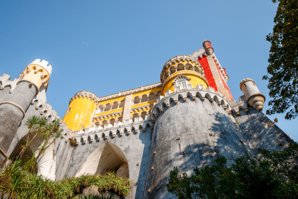 Looking up at the colorful towers of the Pena Palace in Sintra, Portugal