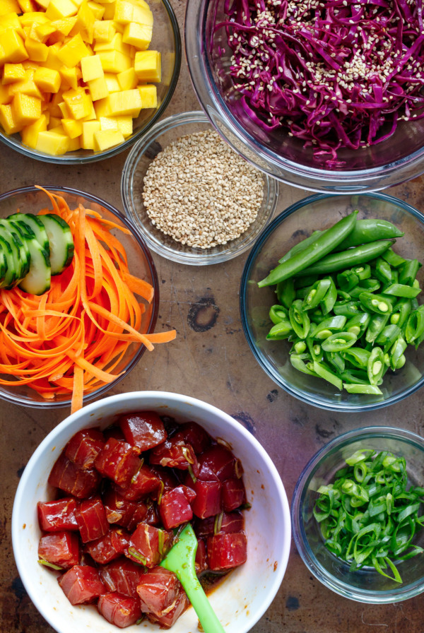 The ingredients to make Ahi Mango Poke, laid out on a cookie sheet.