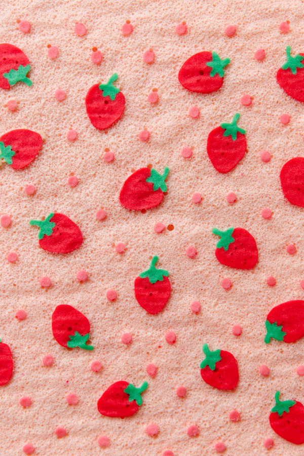 Close up of the strawberry design on this Spring Strawberry Cake Roll