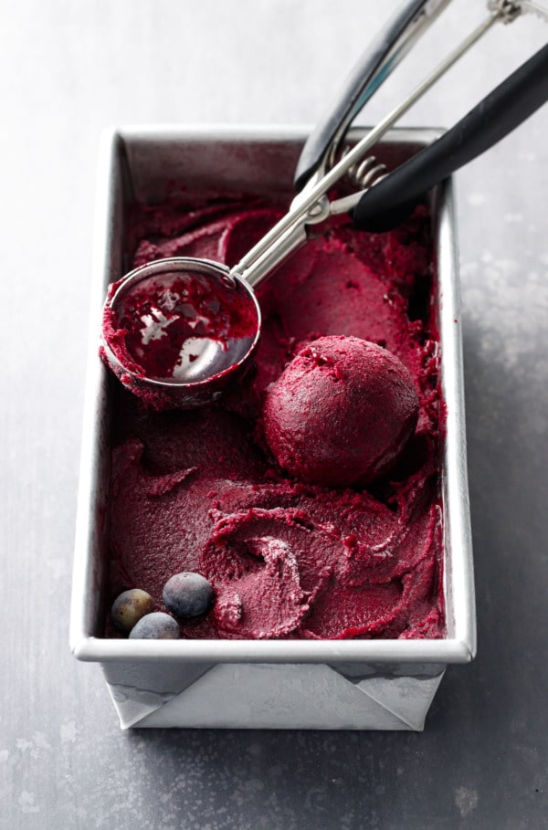 A metal loaf pan filled with Blueberry Ginger Sorbet, with an ice cream scoop and a perfect ball of sorbet.