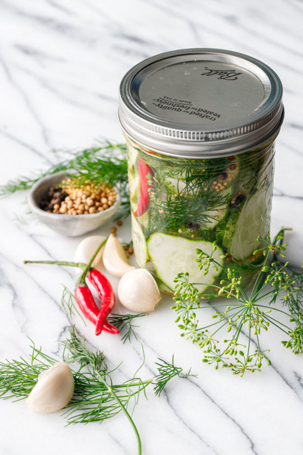 Jar of refrigerator pickles, showing the ingredients used inside the jar: fresh dill, garlic, thai chiles and whole spices.