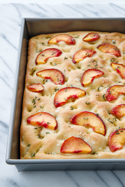 Peach & Fresh Herb Focaccia Bread in a 13-by-9-inch pan