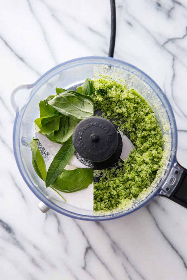 Before and after of basil lime sugar ingredients in a food processor.