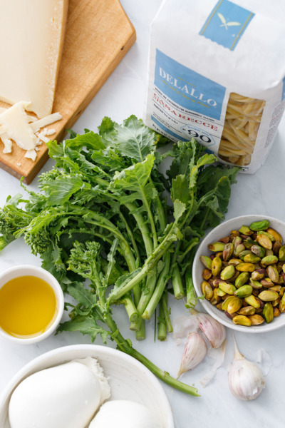 Ingredients to make Broccoli Raab and Pistachio Pesto Pasta with Burrata