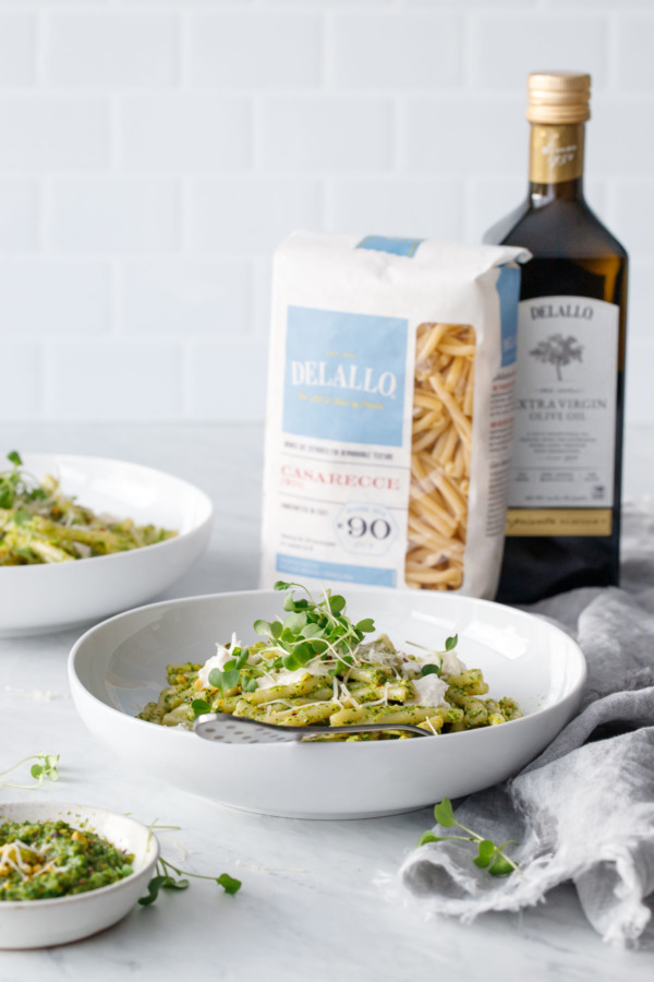 Broccoli Raab and Pistachio Pesto Pasta with Burrata made with DeLallo pasta and olive oil