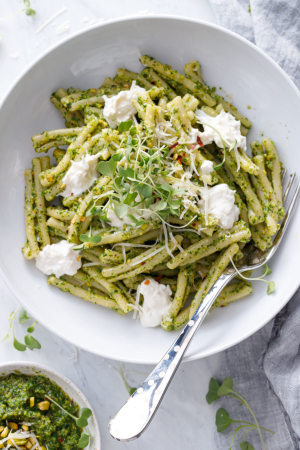 Broccoli Rabe and Pistachio Pesto Pasta with Burrata