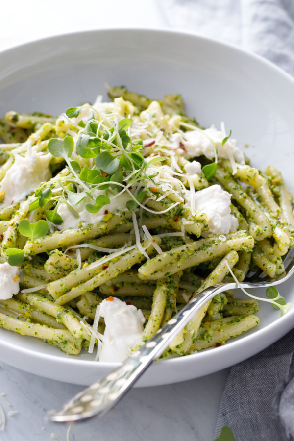 Broccoli Raab and Pistachio Pesto Pasta with Burrata