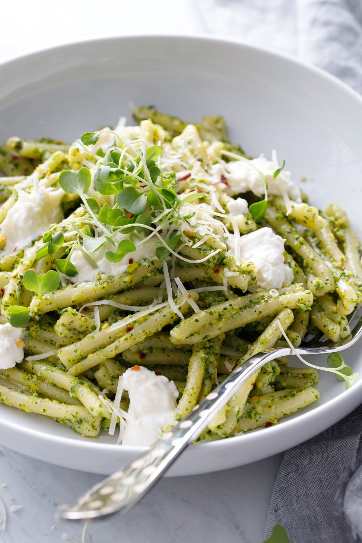 Broccoli Rabe and Pistachio Pesto Pasta with Burrata Love and Olive Oil