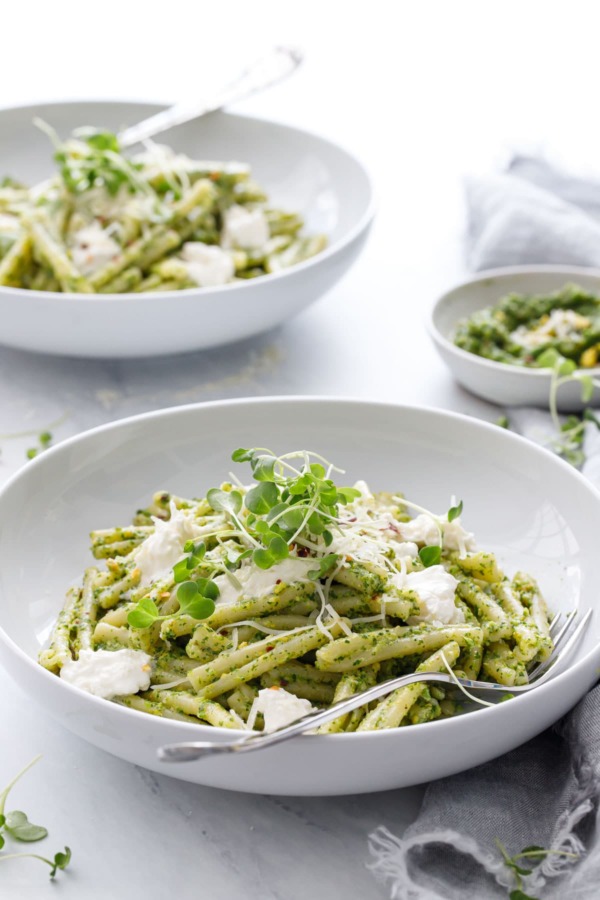 Broccoli Rabe and Pistachio Pesto Pasta with Burrata