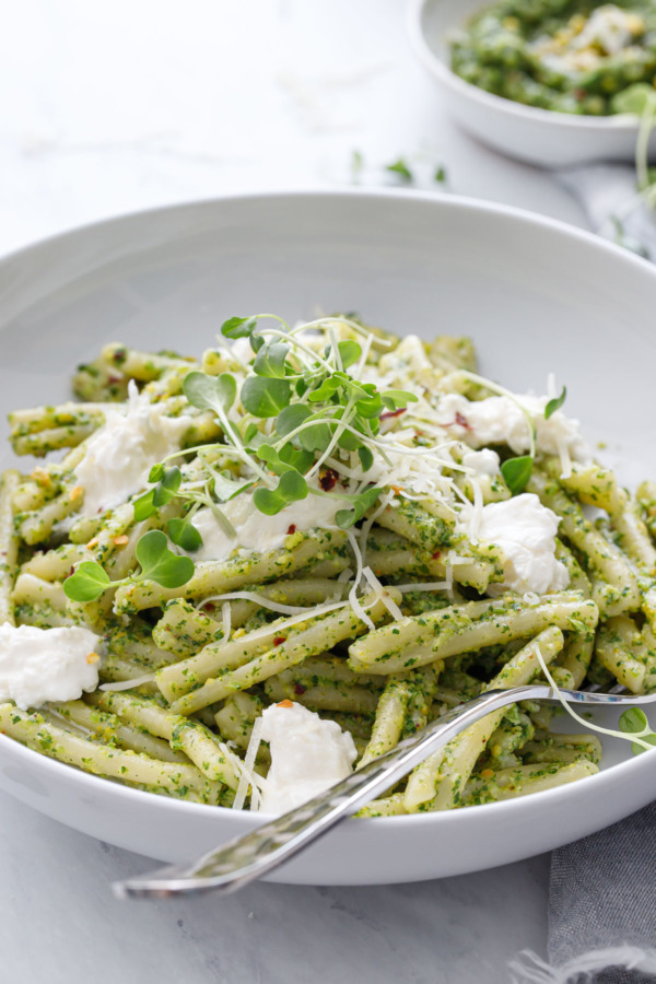 Broccoli Rabe and Pistachio Pesto Pasta with Burrata