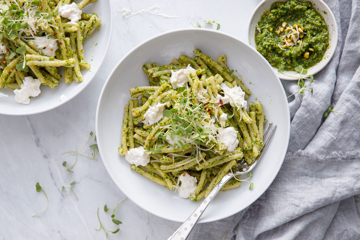 Broccoli Rabe and Pistachio Pesto Pasta with Burrata