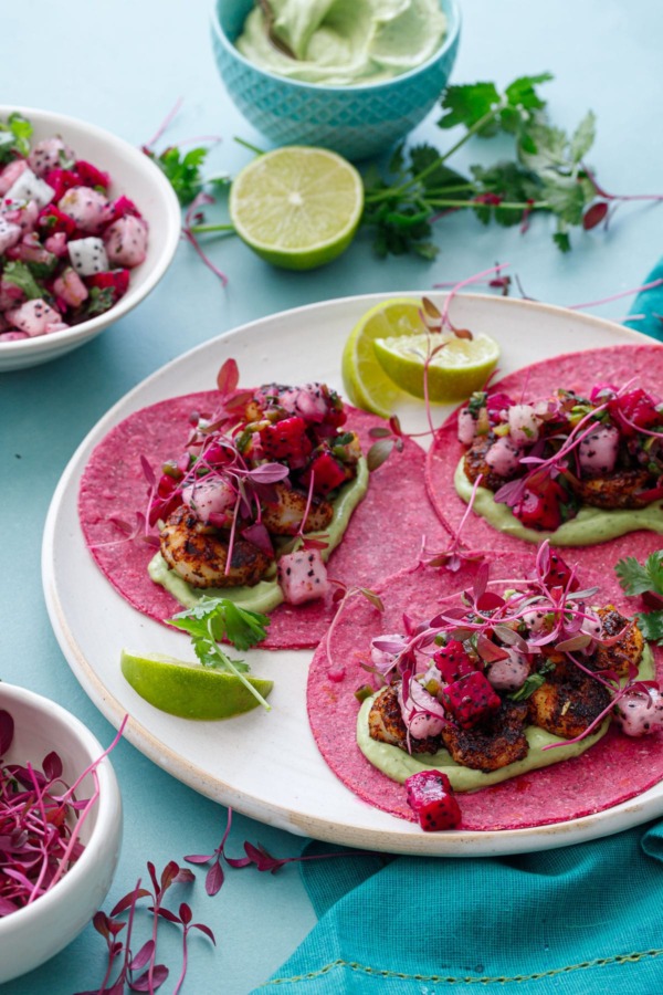 Blackened Shrimp Tacos with Dragonfruit Salsa