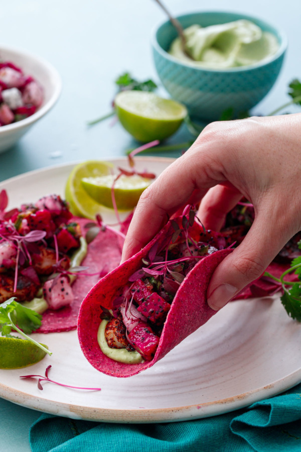 Blackened Shrimp Tacos with Dragonfruit Salsa