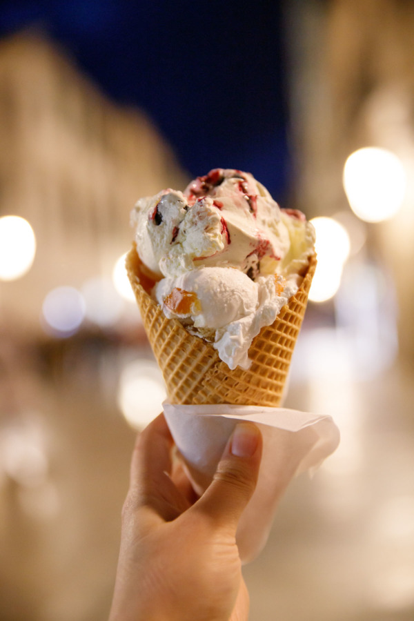 Cone of gelato at night in Dubrovnik, Croatia