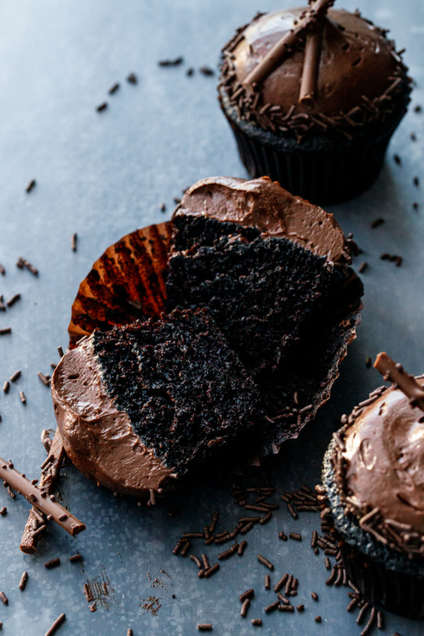 Cupcake cross-section: this recipe is ultra moist and deeply chocolate. YUM!