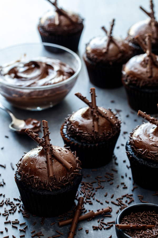 Ultimate Chocolate Cupcakes topped with the Best Chocolate Frosting I've ever had!