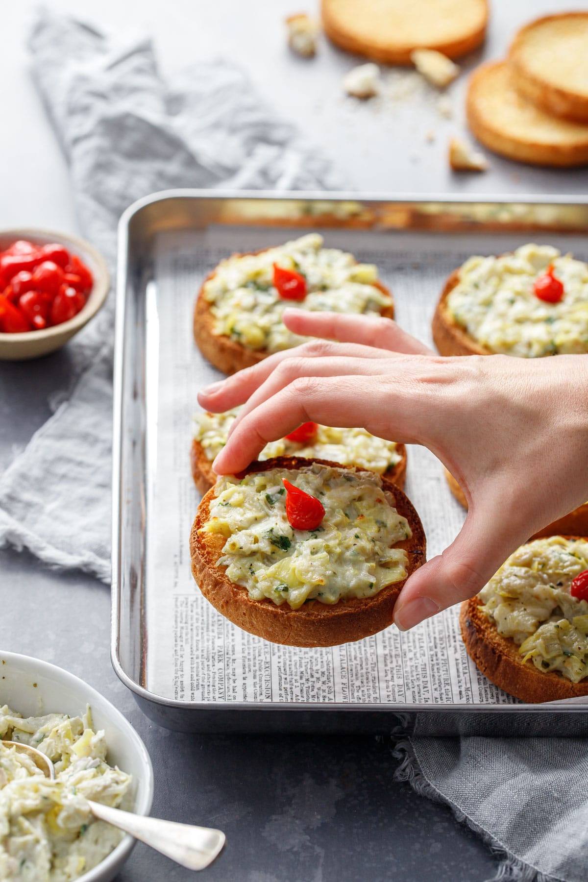 Cheesy Artichoke Crostini Love and Olive Oil