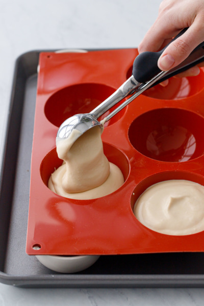 How-To Entremet Cake Process: filling the silicone dome molds with caramel mousse