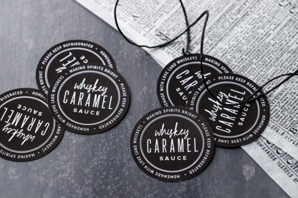 Round labels for homemade whiskey caramel sauce