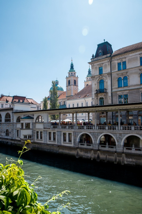 Looking across the river to the Central Market building in Ljubljana, Slovenia