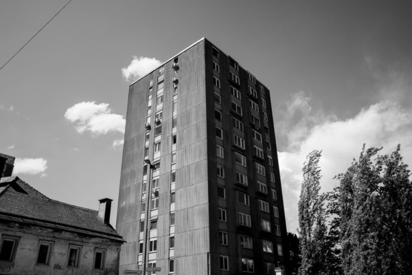 Black and white photo of stark industrial apartment building, Ljubljana, Slovenia