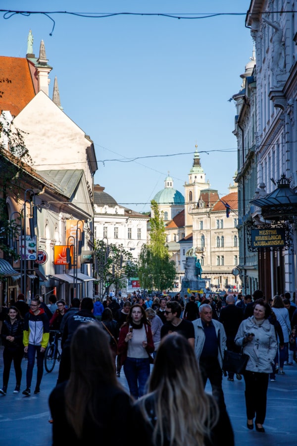 Busy street filled with people in Ljubljana, Slovenia