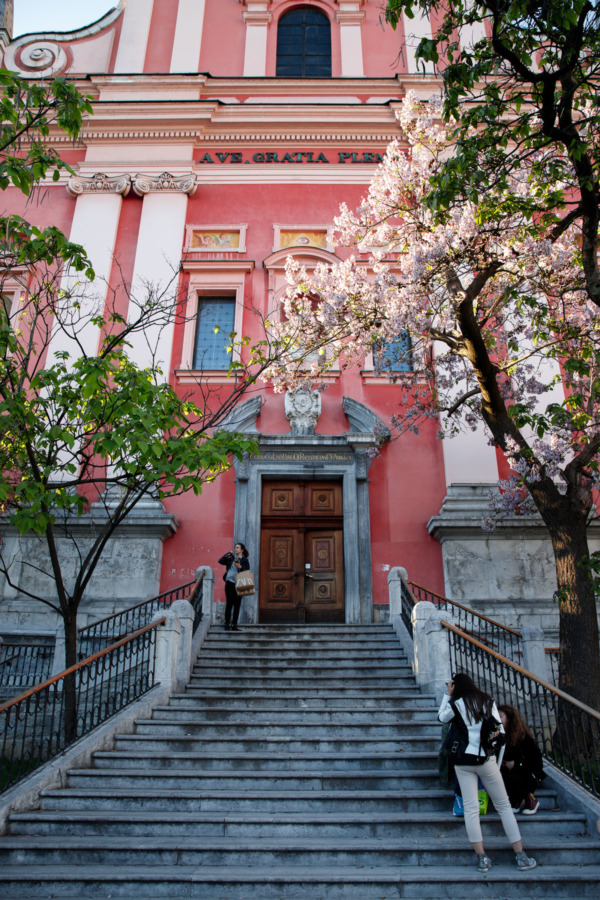 Looking up the stairs at the pink Franciscan Church building in Ljubljana, Slovenia