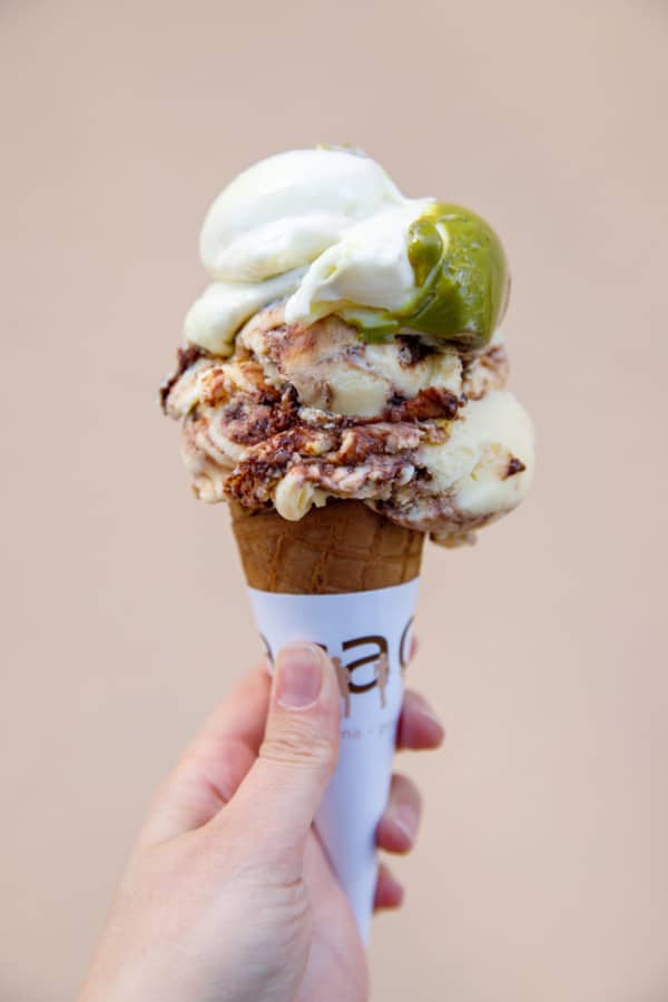 Cone of gelato from Cacao in Ljubljana, Slovenia