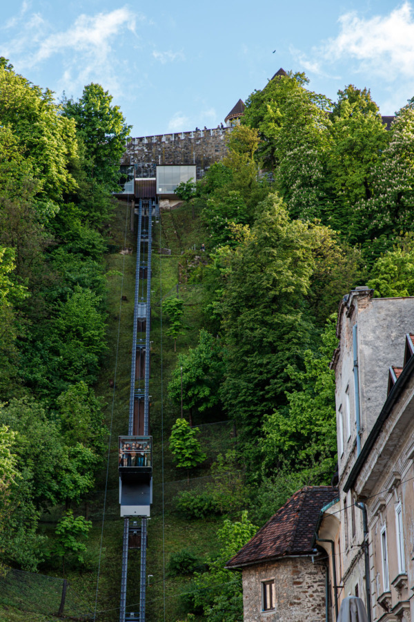 Glass Funicular going up to the top of Castle Hill in Ljubljana, Slovenia