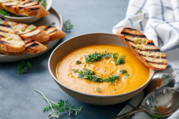 Carrot Soup with Carrot Top Pesto