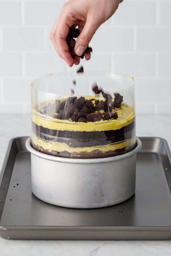 Assembling a naked layer cake: finish with a final layer of chocolate crumbs.