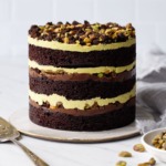 Dark Chocolate Pistachio Naked Layer Cake on a white background with a bowl of pistachios and cake server.