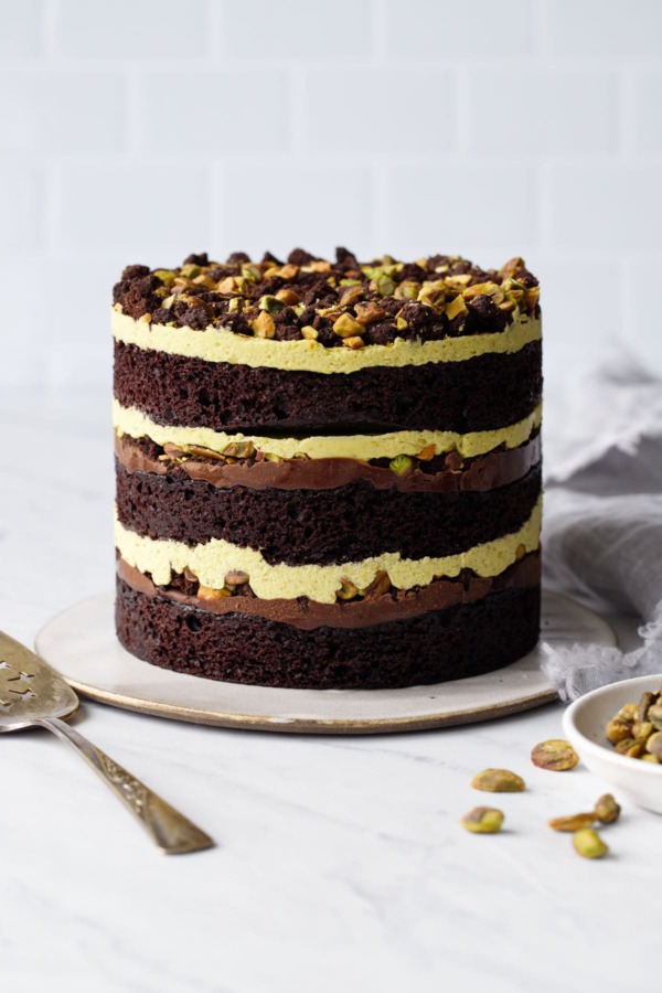 Dark Chocolate Pistachio Naked Layer Cake on a white background with a bowl of pistachios and cake server.