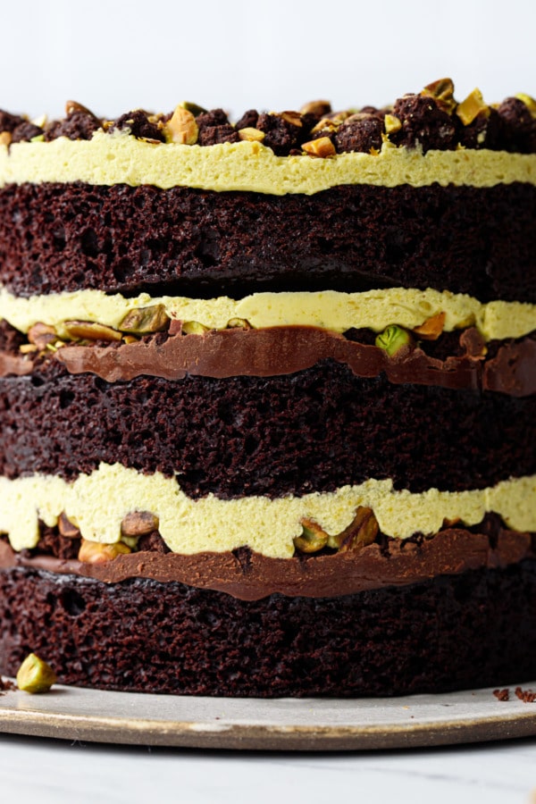 Extreme closeup of the naked layers of this Dark Chocolate Pistachio Naked Layer Cake