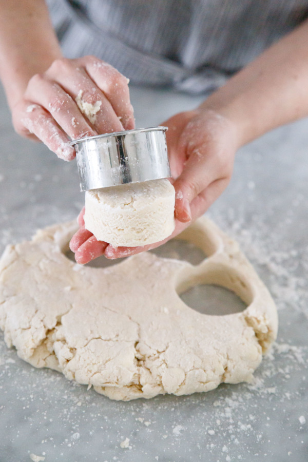 How to make Sourdough Biscuits: Cut out with a biscuit cutter without twisting.