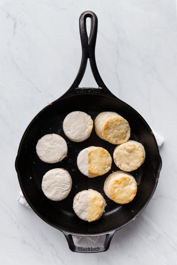 Sourdough Biscuits before and after baking in a cast iron skillet