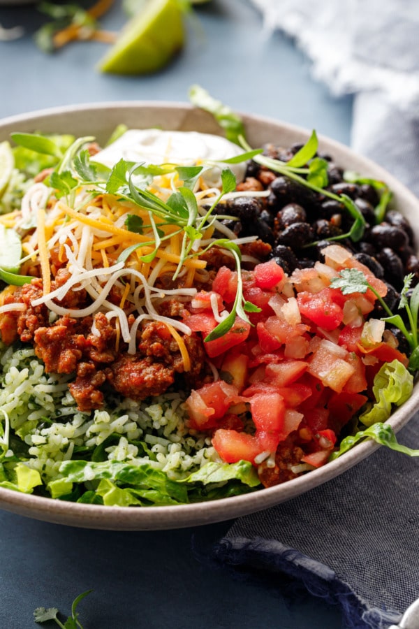 Closeup of Turkey Taco Bowls with Cilantro Rice, topped with cilantro microgreens