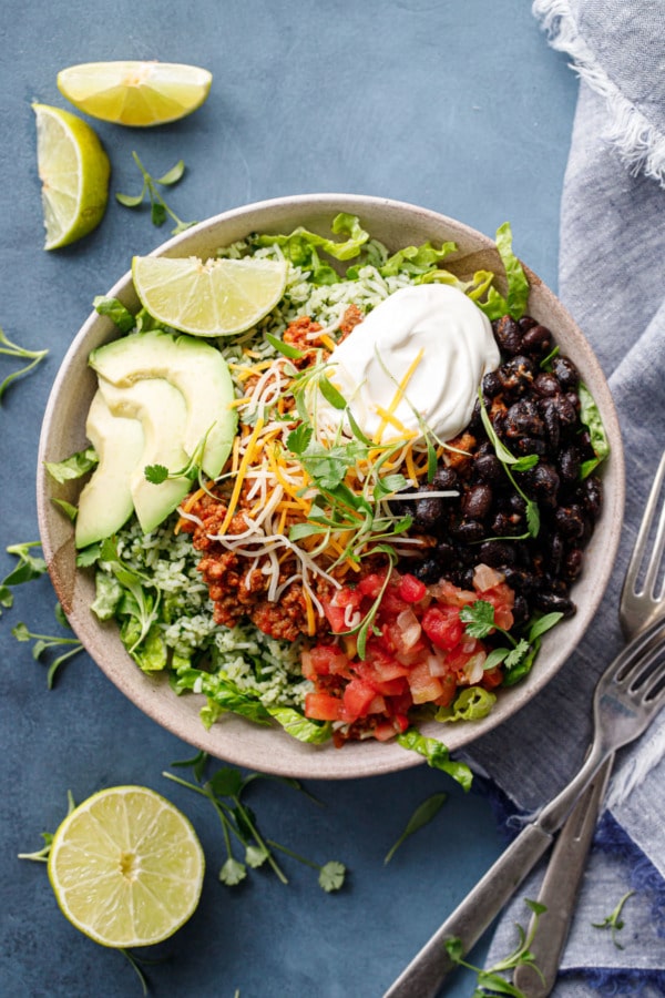 Overhead of Turkey Taco Bowls with Cilantro Rice