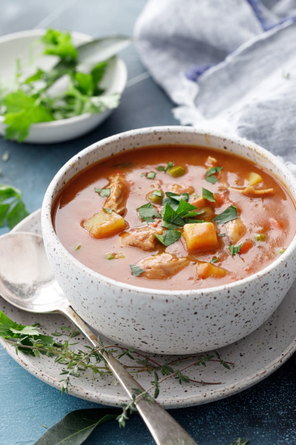 Speckled ceramic bowl filled with hearty turkey stew, with a silver soup spoon on a blue background.