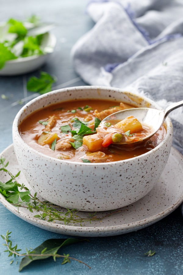 Spoonful of turkey stew in a speckled ceramic bowl with parsley