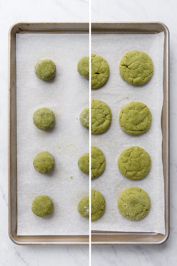 Matcha sugar cookies before and after baking