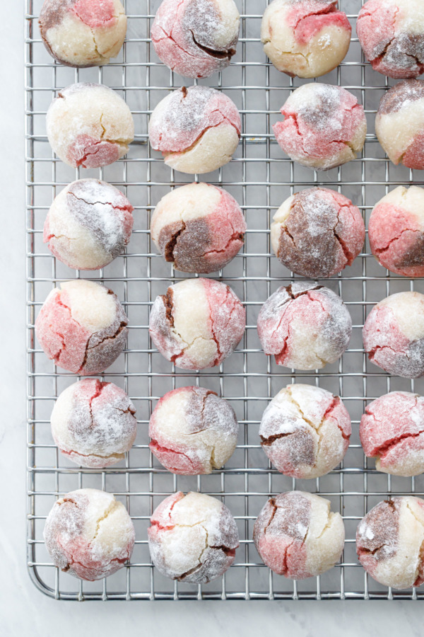 Overhead cooling rack with rows of Neapolitan Amaretti Cookies