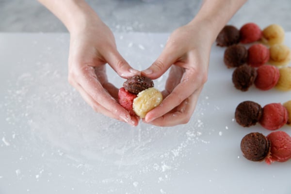 Marbling the dough for Neapolitan Amaretti Cookies