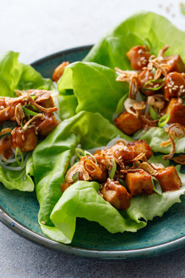 Closeup Baked Tofu Lettuce Wraps with Spicy Peanut Sauce