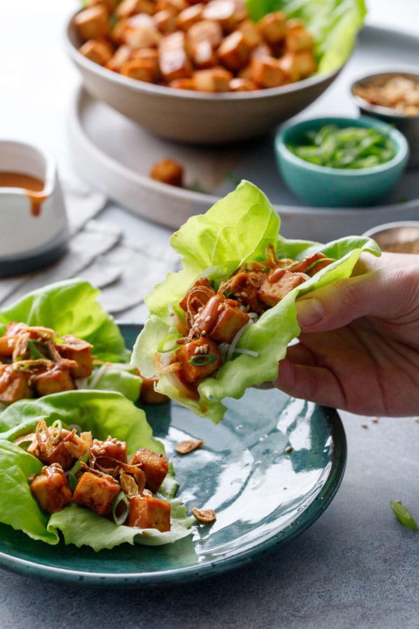 Baked Tofu Lettuce Wraps with Spicy Peanut Sauce