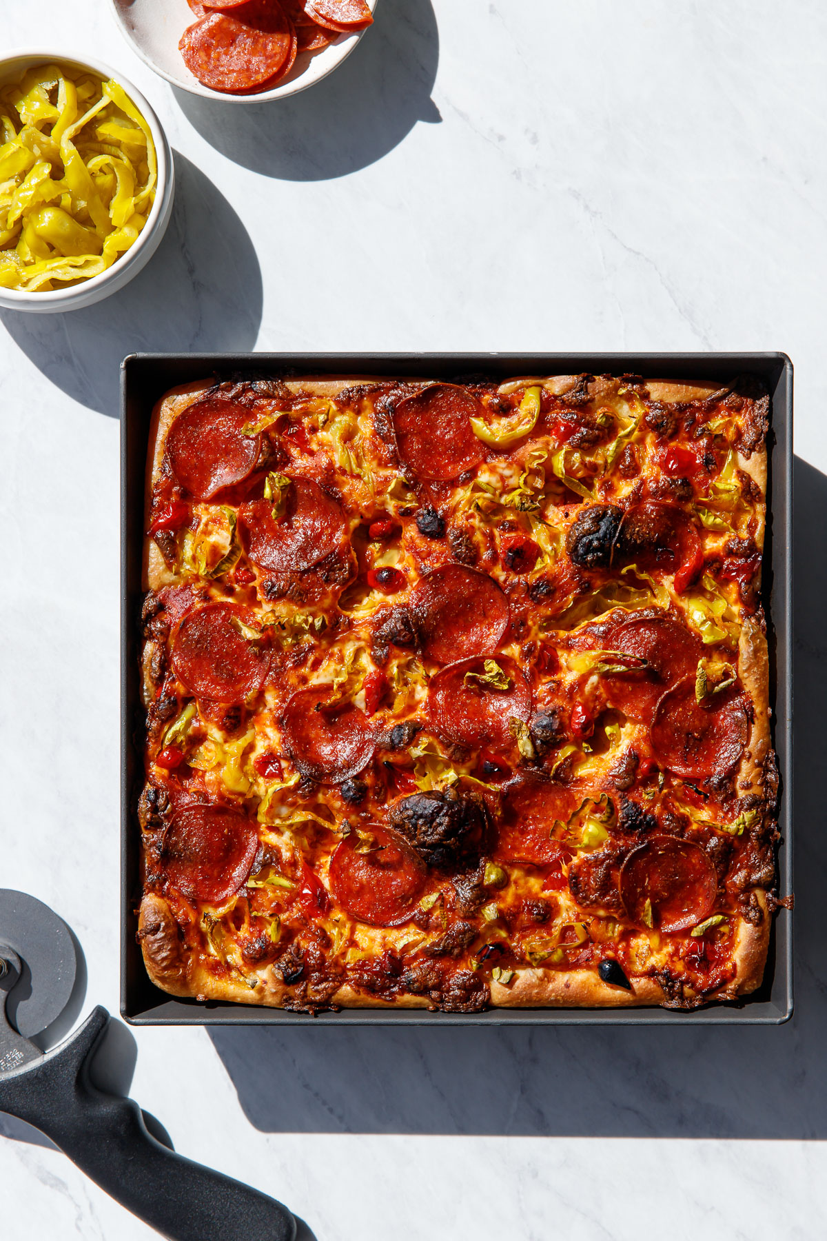 DetroitStyle Pepperoni and Pickled Pepper Pan Pizza Love and Olive Oil