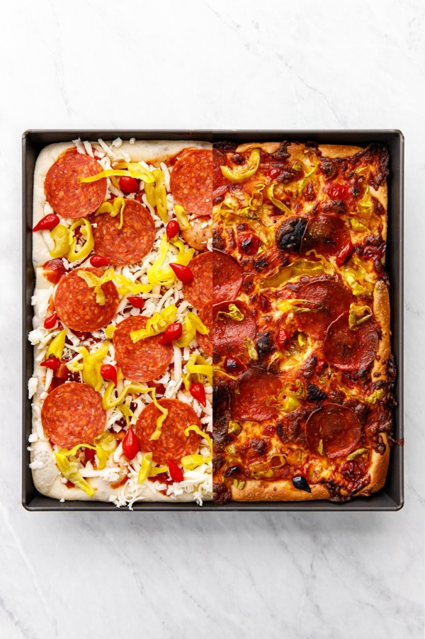 Split screen Before & After baking: Detroit-Style Pepperoni and Pickled Pepper Pan Pizza
