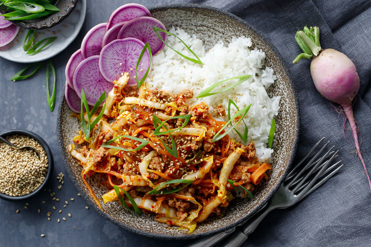 Spicy Korean Egg Roll Bowls with Kimchi