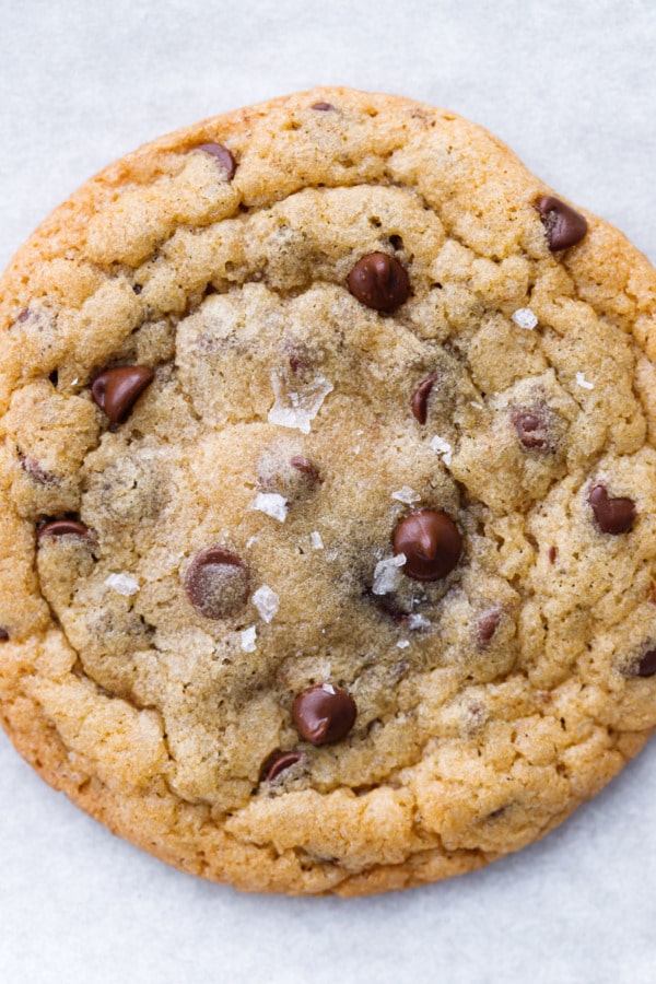 Closeup of the texture of the chocolate chip cookie