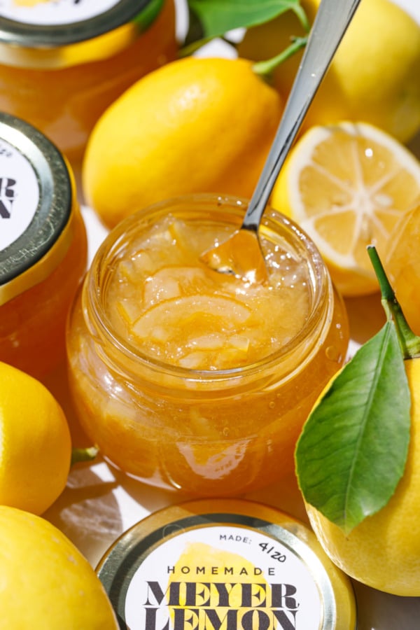 Open jar of Old-Fashioned Meyer Lemon Marmalade with whole and half lemons and leaves.